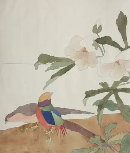 Sittich mit Maniok-Hibiskus, Aquarell, Japonismus, Kacho-ga, Frankreich, um 1900