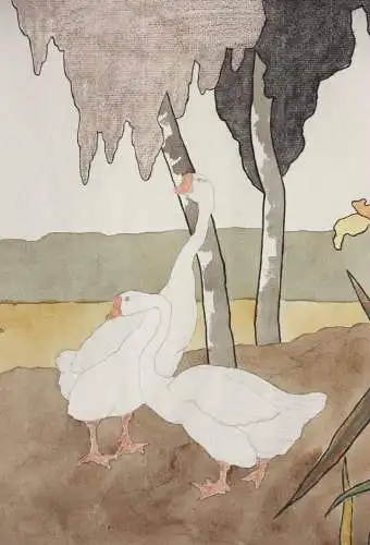 Gänse und Iris, Aquarell, Japonismus, Kacho-ga, Art Nouveau, Frankreich um 1900