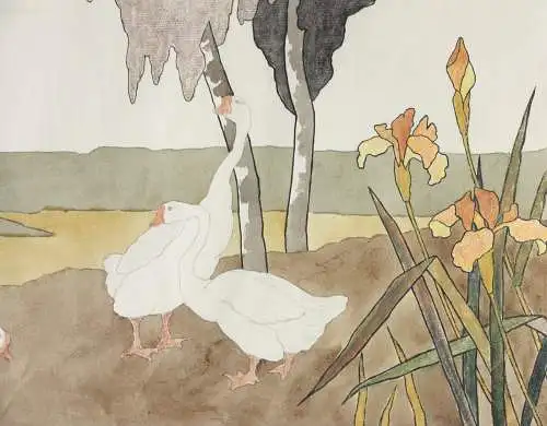 Gänse und Iris, Aquarell, Japonismus, Kacho-ga, Art Nouveau, Frankreich um 1900