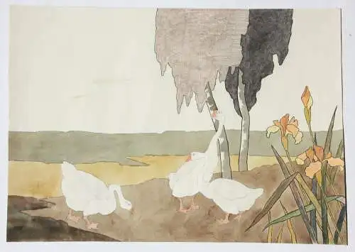 Gänse und Iris, Aquarell, Japonismus, Kacho-ga, Art Nouveau, Frankreich um 1900