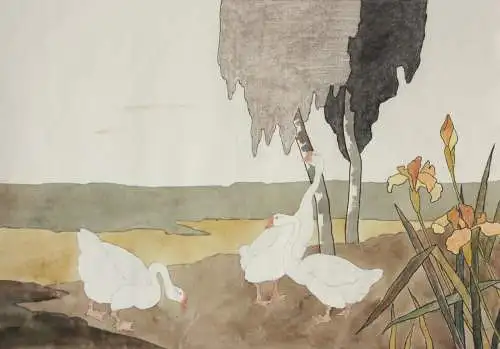Gänse und Iris, Aquarell, Japonismus, Kacho-ga, Art Nouveau, Frankreich um 1900