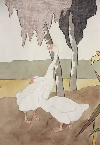 Gänse und Iris, Aquarell, Japonismus, Kacho-ga, Art Nouveau, Frankreich um 1900