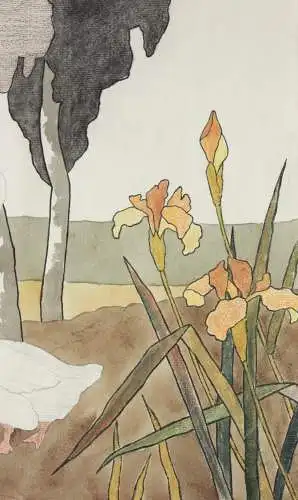 Gänse und Iris, Aquarell, Japonismus, Kacho-ga, Art Nouveau, Frankreich um 1900