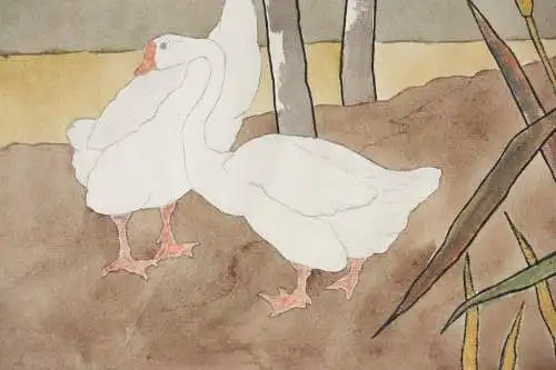 Gänse und Iris, Aquarell, Japonismus, Kacho-ga, Art Nouveau, Frankreich um 1900