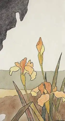 Gänse und Iris, Aquarell, Japonismus, Kacho-ga, Art Nouveau, Frankreich um 1900