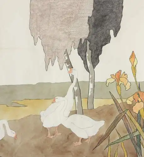 Gänse und Iris, Aquarell, Japonismus, Kacho-ga, Art Nouveau, Frankreich um 1900