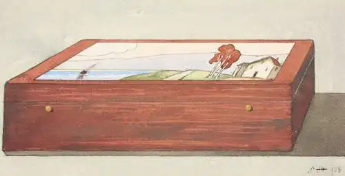 Entwurf für eine Jugendstil-Truhe mit Landschaftsdekor, Aquarell, um 1900