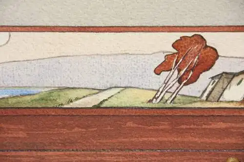 Entwurf für eine Jugendstil-Truhe mit Landschaftsdekor, Aquarell, um 1900