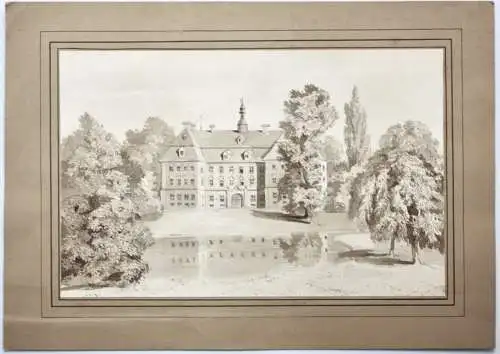 Schloss mit englischem Landschaftspark und See, lavierte Federzeichnung um 1850