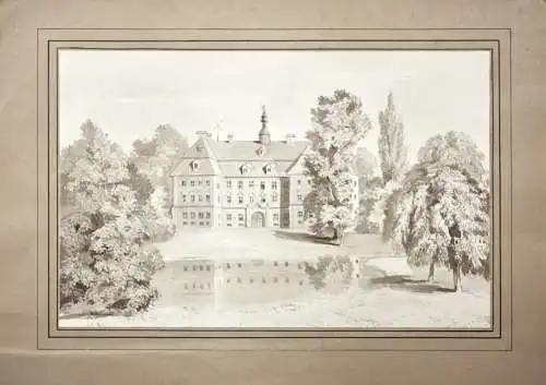 Schloss mit englischem Landschaftspark und See, lavierte Federzeichnung um 1850