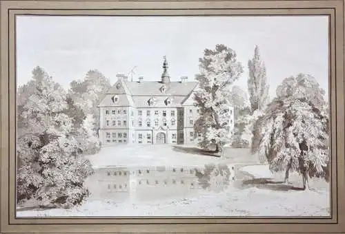 Schloss mit englischem Landschaftspark und See, lavierte Federzeichnung um 1850