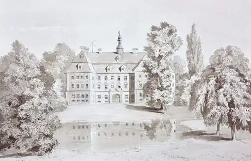 Schloss mit englischem Landschaftspark und See, lavierte Federzeichnung um 1850