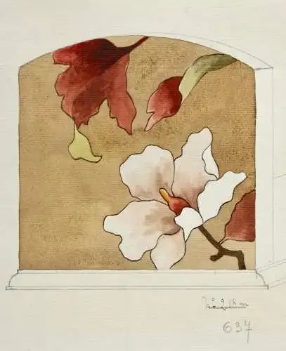 Marketerie-Entwurf mit Magnolien für ein Möbelstück, Art Nouveau, Aquarell