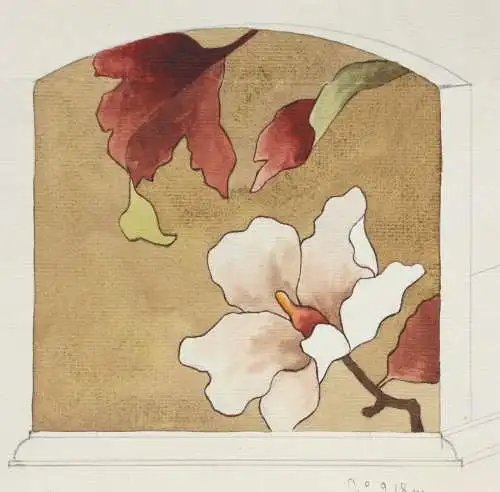 Marketerie-Entwurf mit Magnolien für ein Möbelstück, Art Nouveau, Aquarell