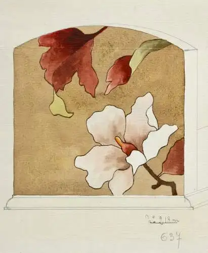 Marketerie-Entwurf mit Magnolien für ein Möbelstück, Art Nouveau, Aquarell