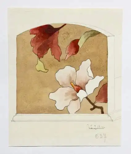 Marketerie-Entwurf mit Magnolien für ein Möbelstück, Art Nouveau, Aquarell