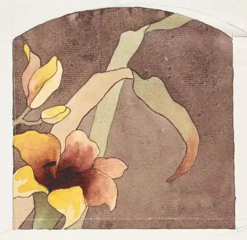 Marketerie-Entwurf mit Feuerlilien für ein Möbelstück, Art Nouveau, Aquarell