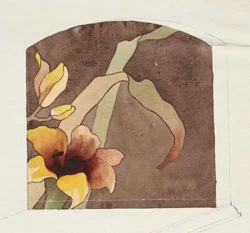 Marketerie-Entwurf mit Feuerlilien für ein Möbelstück, Art Nouveau, Aquarell