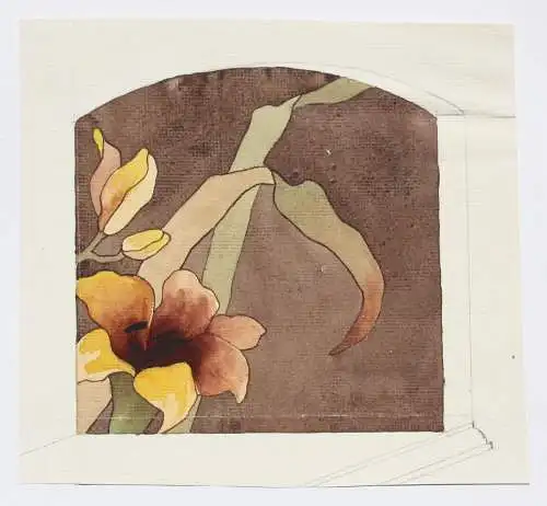 Marketerie-Entwurf mit Feuerlilien für ein Möbelstück, Art Nouveau, Aquarell