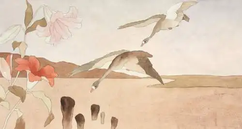 Fliegende Gänse, Aquarell, Japonismus, Kacho-ga, Art Nouveau, Frankreich um 1900