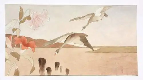 Fliegende Gänse, Aquarell, Japonismus, Kacho-ga, Art Nouveau, Frankreich um 1900