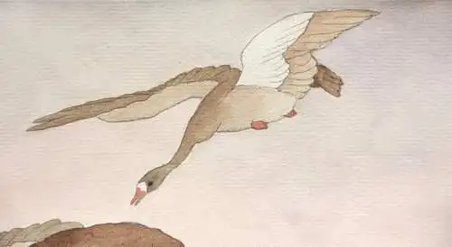 Fliegende Gänse, Aquarell, Japonismus, Kacho-ga, Art Nouveau, Frankreich um 1900