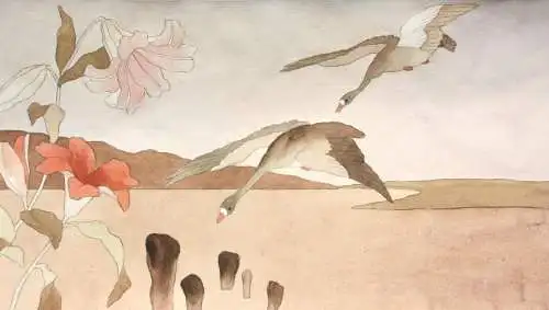 Fliegende Gänse, Aquarell, Japonismus, Kacho-ga, Art Nouveau, Frankreich um 1900