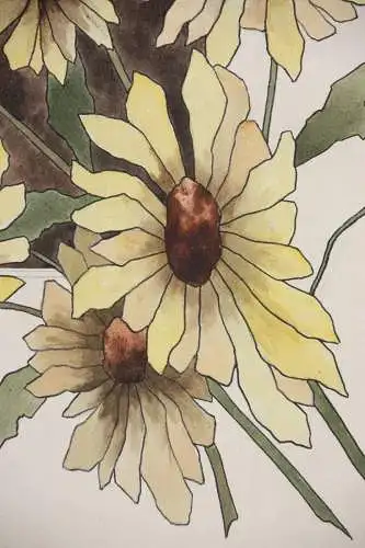 Sonnenblumen (Helianthus grosseratus) über einem braunen Feld, Aquarell, um 1900