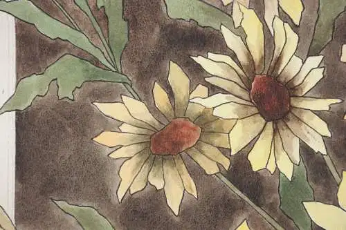 Sonnenblumen (Helianthus grosseratus) über einem braunen Feld, Aquarell, um 1900