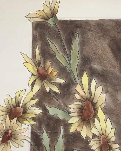 Sonnenblumen (Helianthus grosseratus) über einem braunen Feld, Aquarell, um 1900