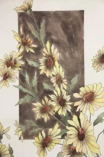 Sonnenblumen (Helianthus grosseratus) über einem braunen Feld, Aquarell, um 1900