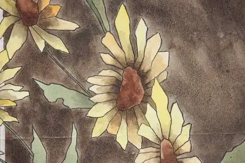 Sonnenblumen (Helianthus grosseratus) über einem braunen Feld, Aquarell, um 1900