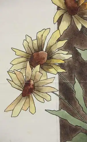 Sonnenblumen (Helianthus grosseratus) über einem braunen Feld, Aquarell, um 1900