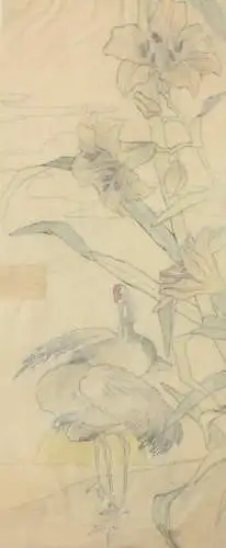 Kraniche mit Lilien, aquarellierte Zeichnung auf Transparentpapier, 19. Jh.