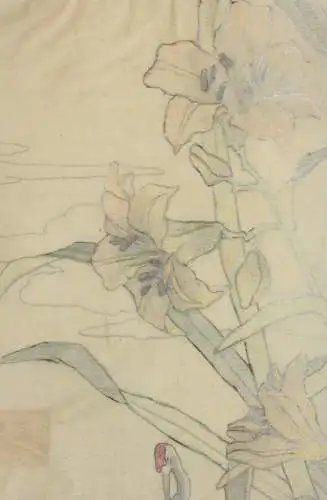 Kraniche mit Lilien, aquarellierte Zeichnung auf Transparentpapier, 19. Jh.
