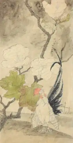 Hahn mit Hibiskusblüten, aquarellierte Zeichnung auf Transparentpapier, 19. Jh.