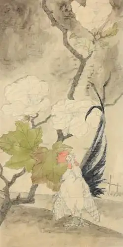Hahn mit Hibiskusblüten, aquarellierte Zeichnung auf Transparentpapier, 19. Jh.