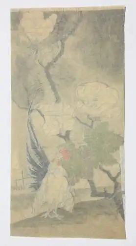 Hahn mit Hibiskusblüten, aquarellierte Zeichnung auf Transparentpapier, 19. Jh.