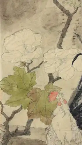Hahn mit Hibiskusblüten, aquarellierte Zeichnung auf Transparentpapier, 19. Jh.