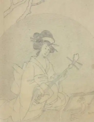 Geisha mit Musikinstrument, Bleistiftzeichnung auf Transparentpapier, 19. Jh.