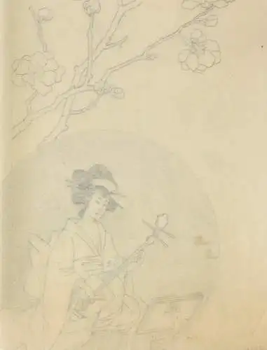 Geisha mit Musikinstrument, Bleistiftzeichnung auf Transparentpapier, 19. Jh.
