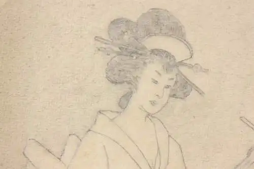 Geisha mit Musikinstrument, Bleistiftzeichnung auf Transparentpapier, 19. Jh.