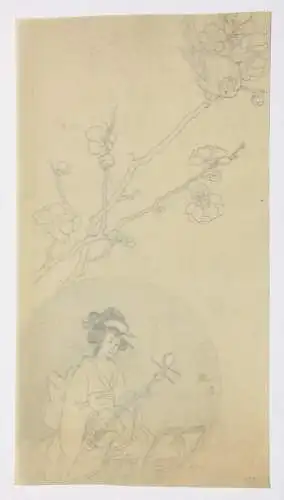 Geisha mit Musikinstrument, Bleistiftzeichnung auf Transparentpapier, 19. Jh.