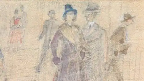 Fritz Arlt (1887-1966), aquarellierte Zeichnung, Passanten auf der Straße