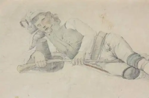 Fritz Bamberger (1814-1873), aquarellierte Zeichnung, schlafender junger Mann