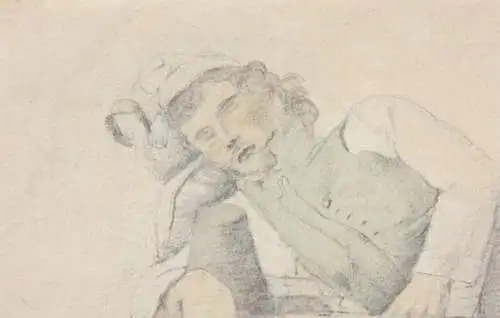 Fritz Bamberger (1814-1873), aquarellierte Zeichnung, schlafender junger Mann