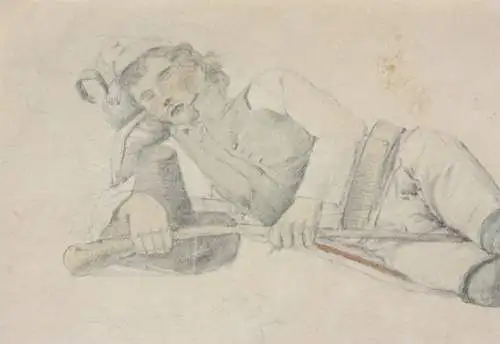 Fritz Bamberger (1814-1873), aquarellierte Zeichnung, schlafender junger Mann