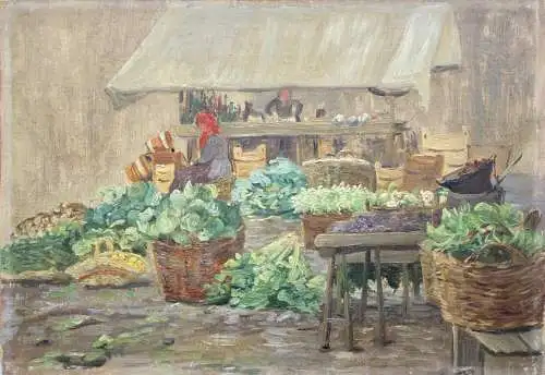 Impressionistische Ölstudie, Gemüsestand auf dem Wochenmarkt, um 1900