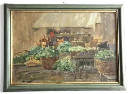 Impressionistische Ölstudie, Gemüsestand auf dem Wochenmarkt, um 1900