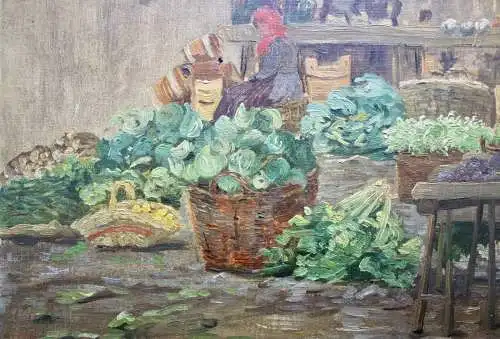 Impressionistische Ölstudie, Gemüsestand auf dem Wochenmarkt, um 1900